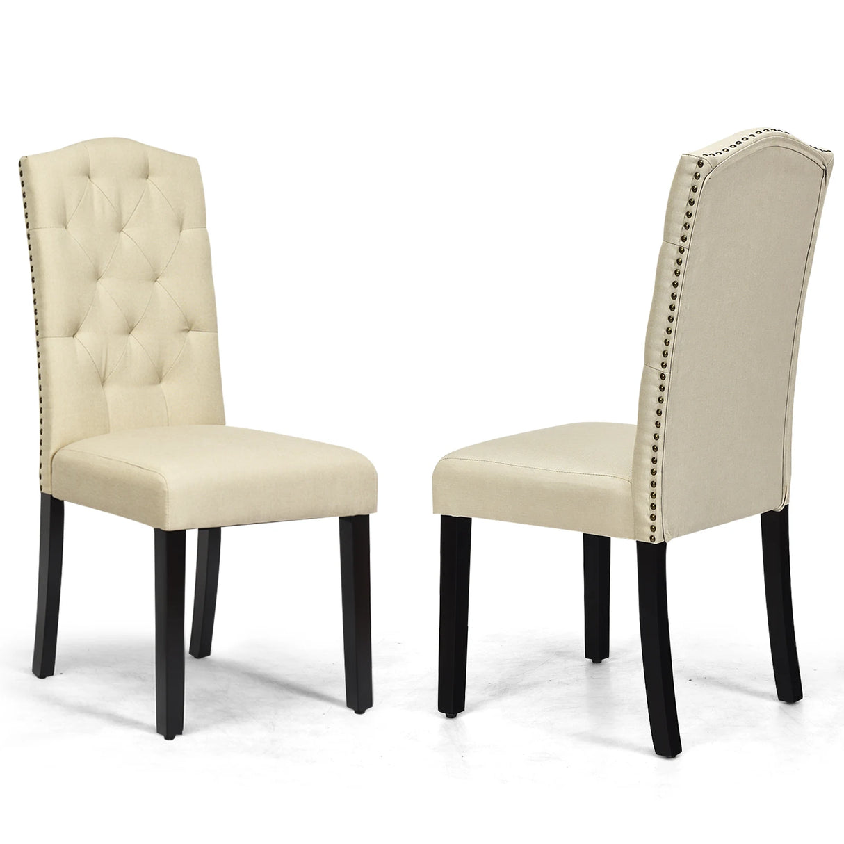 Set of 2 Tufted Dining Chair with Rubber Wooden Leg-Beige
