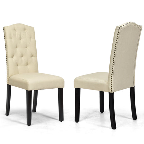 Set of 2 Tufted Dining Chair with Rubber Wooden Leg-Beige