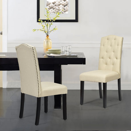 Set of 2 Tufted Dining Chair with Rubber Wooden Leg-Beige