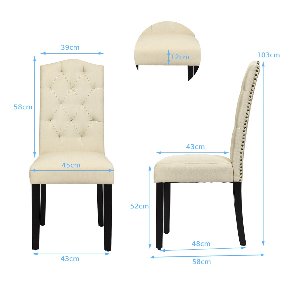 Set of 2 Tufted Dining Chair with Rubber Wooden Leg-Beige
