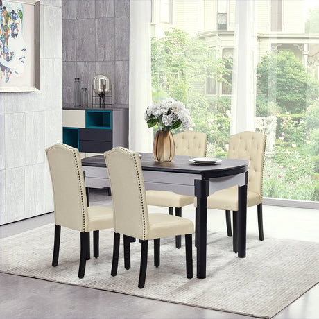 Set of 2 Tufted Dining Chair with Rubber Wooden Leg-Beige
