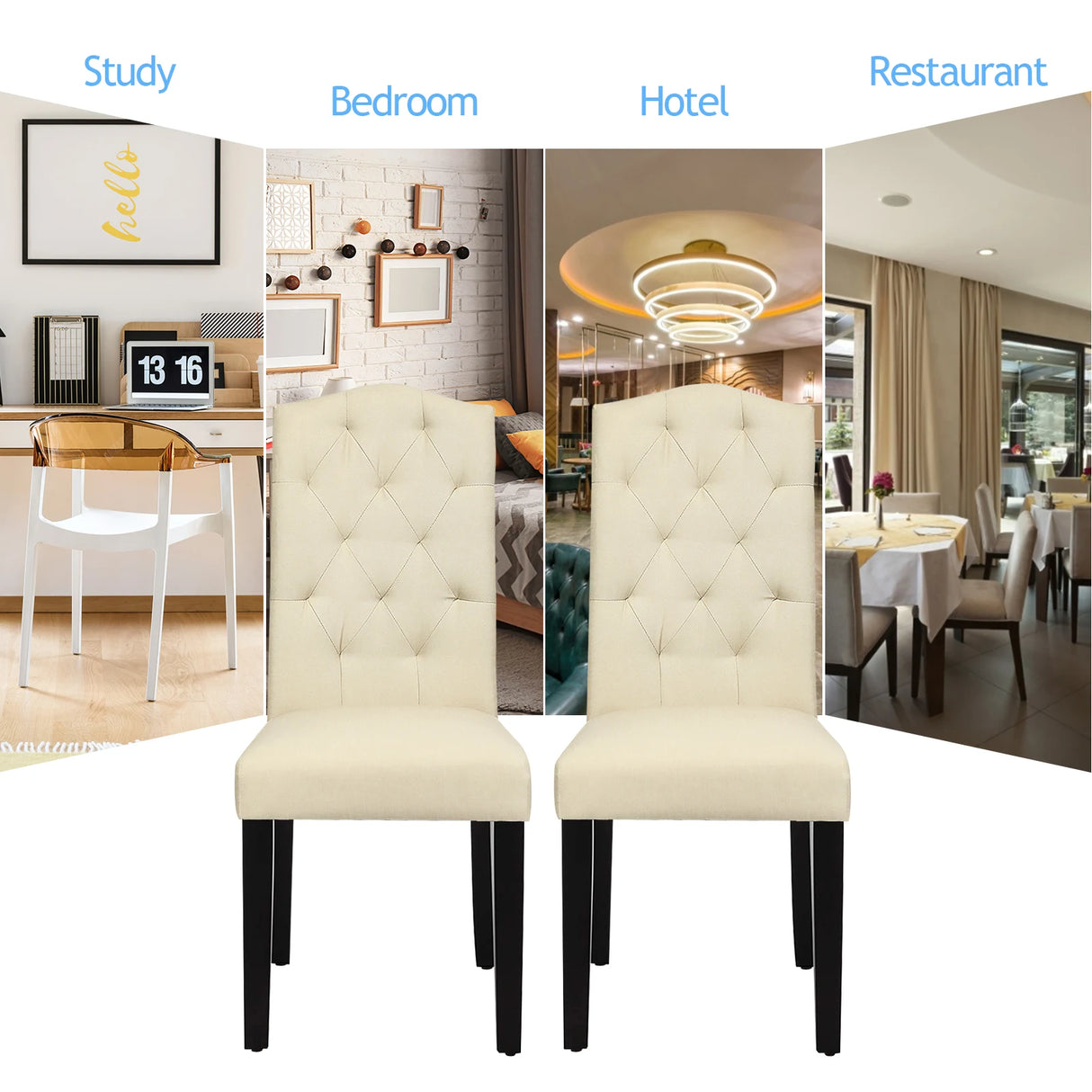 Set of 2 Tufted Dining Chair with Rubber Wooden Leg-Beige
