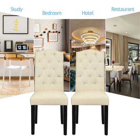 Set of 2 Tufted Dining Chair with Rubber Wooden Leg-Beige
