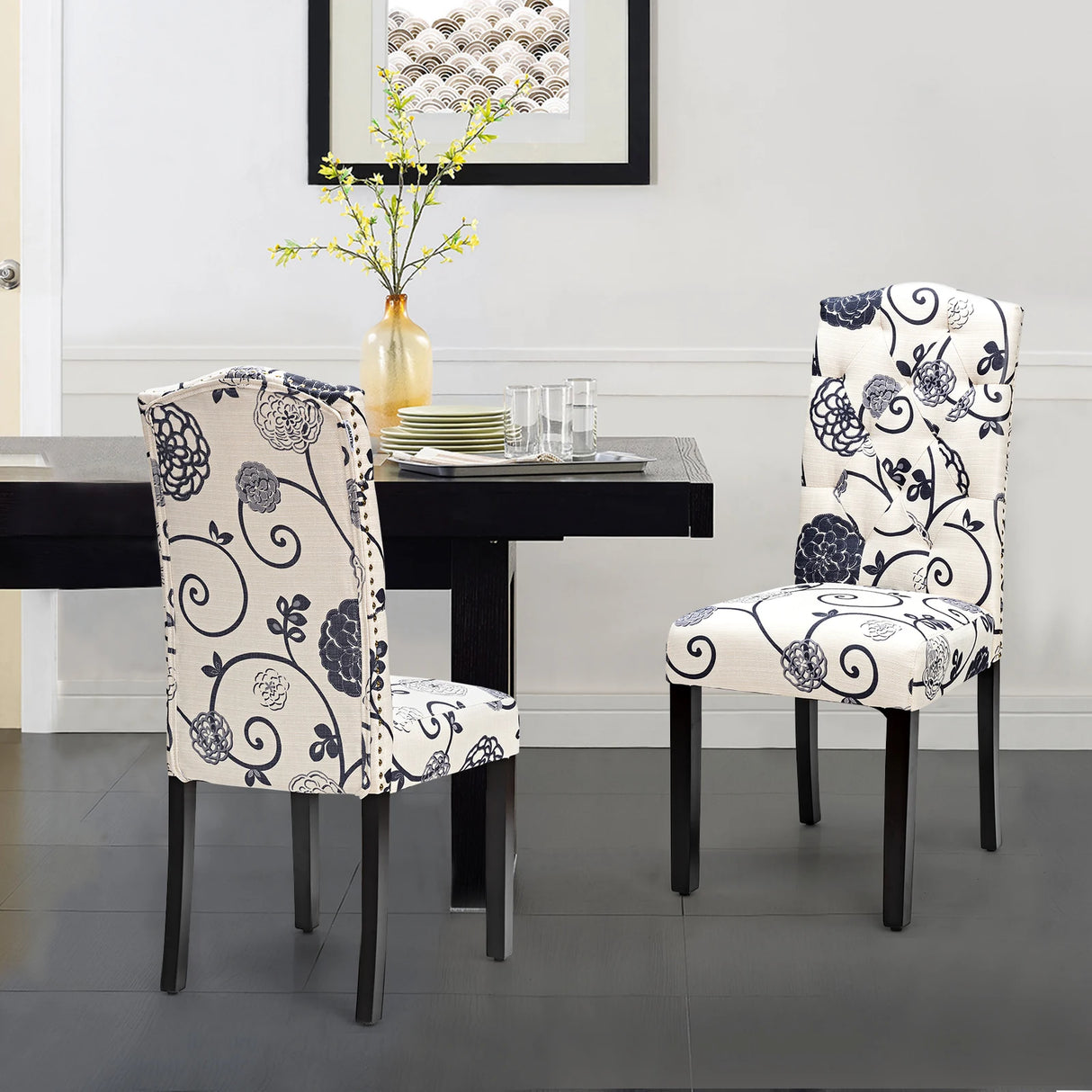 Set of 2 Tufted Dining Chair with Rubber Wooden Leg