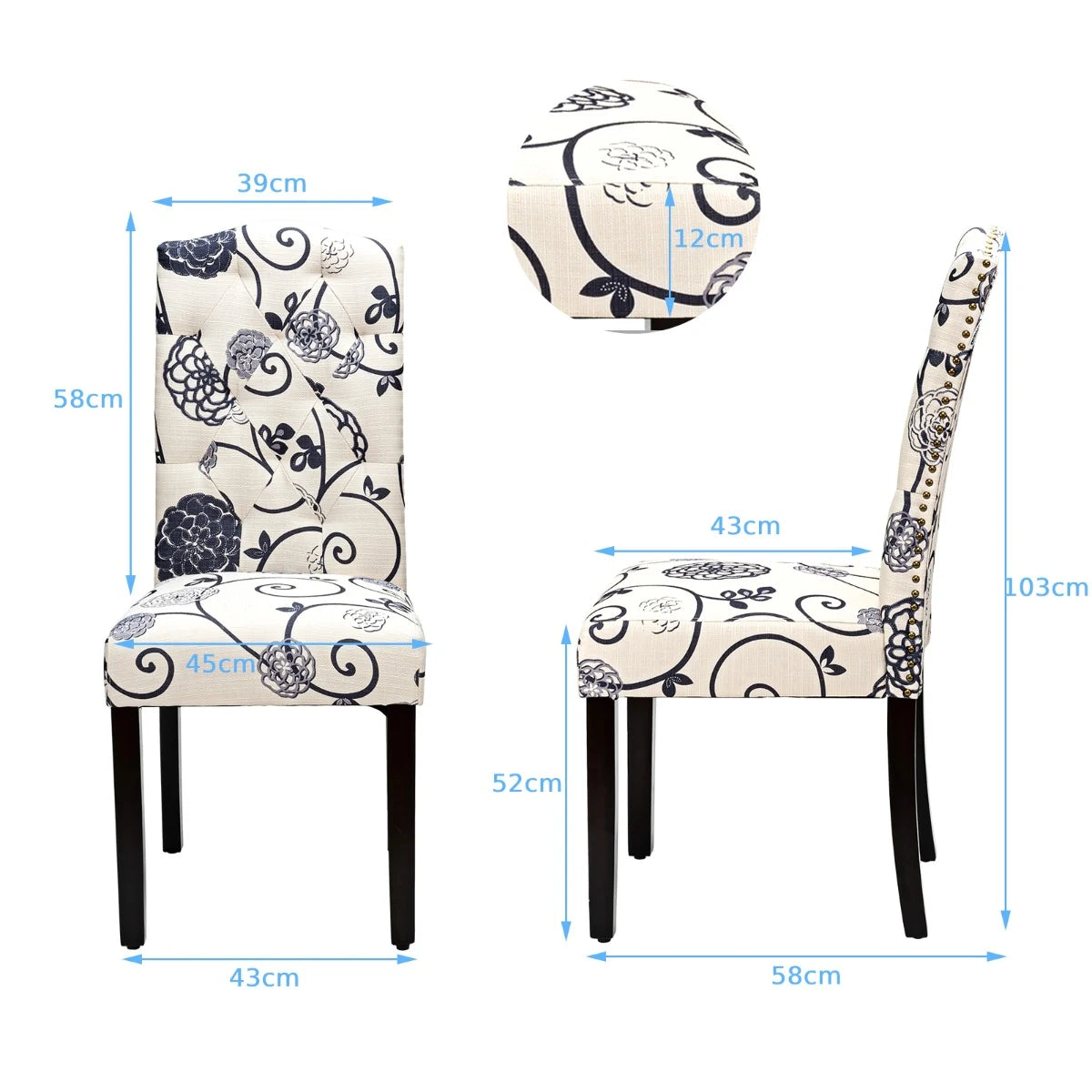 Set of 2 Tufted Dining Chair with Rubber Wooden Leg