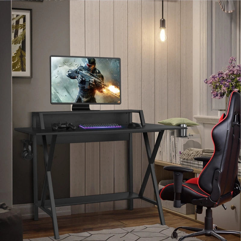 X- Shaped Ergonomic Gaming Computer Desk with Cup Holder and Monitor Riser