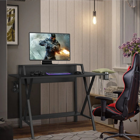 X- Shaped Ergonomic Gaming Computer Desk with Cup Holder and Monitor Riser