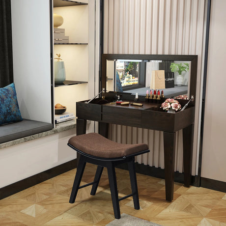 Modern Dressing Makeup Stool with Concave Seat Rubberwood Legs-Black