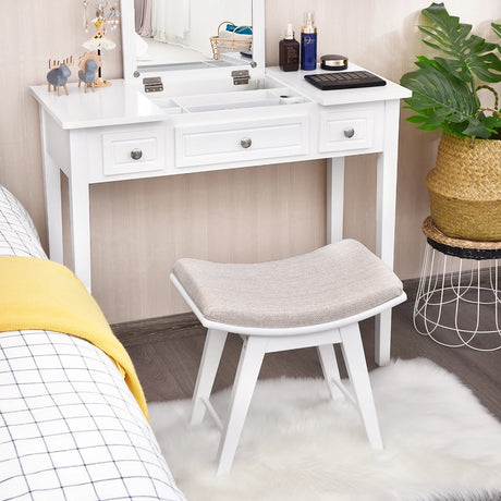 Modern Dressing Makeup Stool with Concave Seat Rubberwood Legs-White
