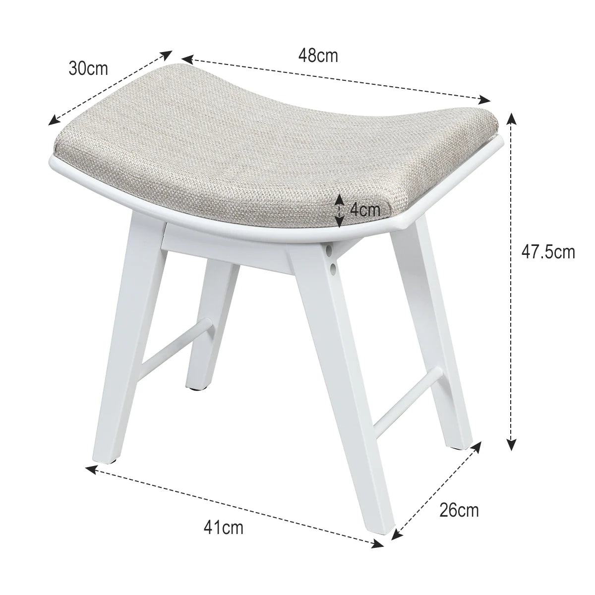 Modern Dressing Makeup Stool with Concave Seat Rubberwood Legs-White