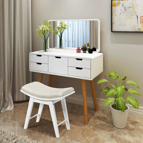 Modern Dressing Makeup Stool with Concave Seat Rubberwood Legs-White