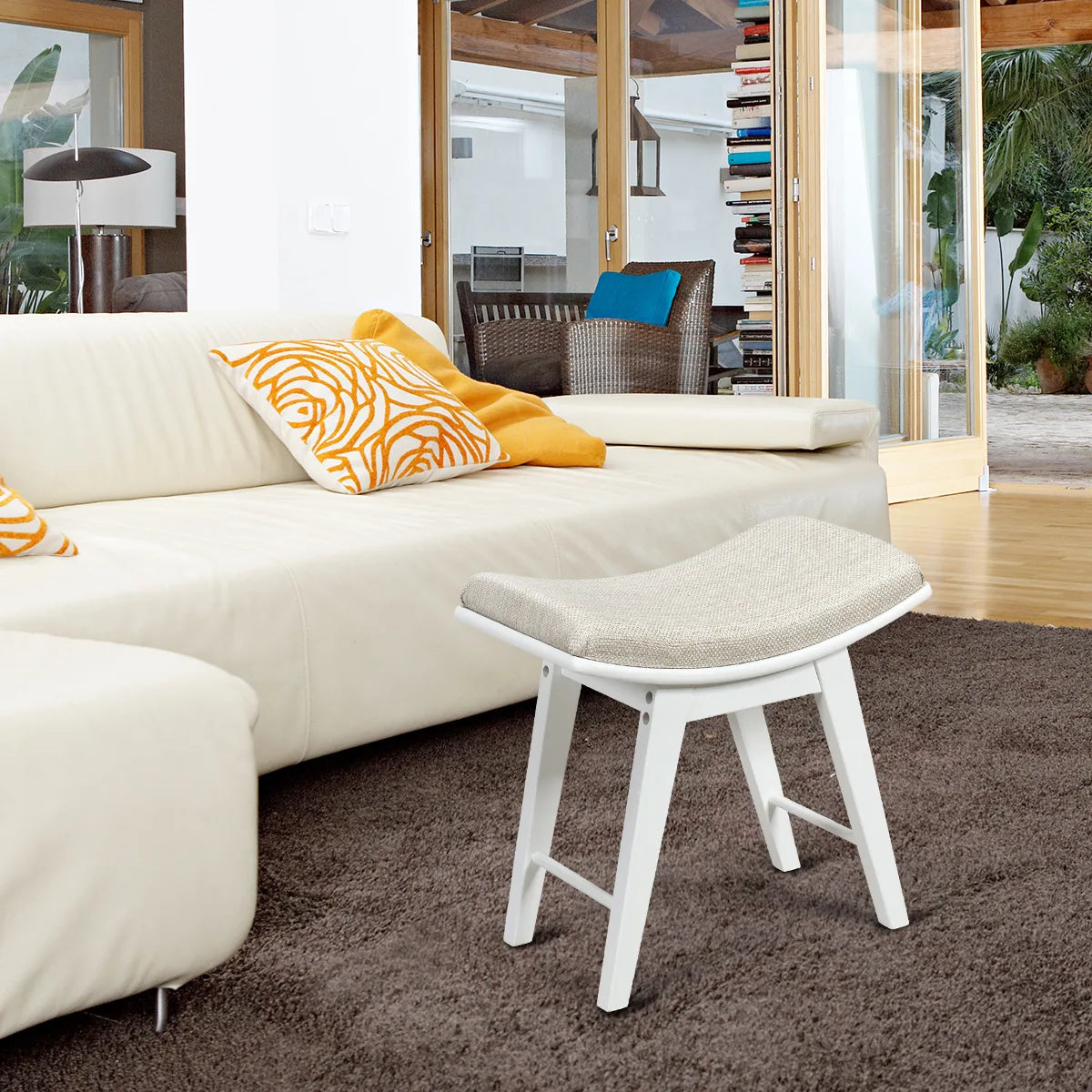 Modern Dressing Makeup Stool with Concave Seat Rubberwood Legs-White