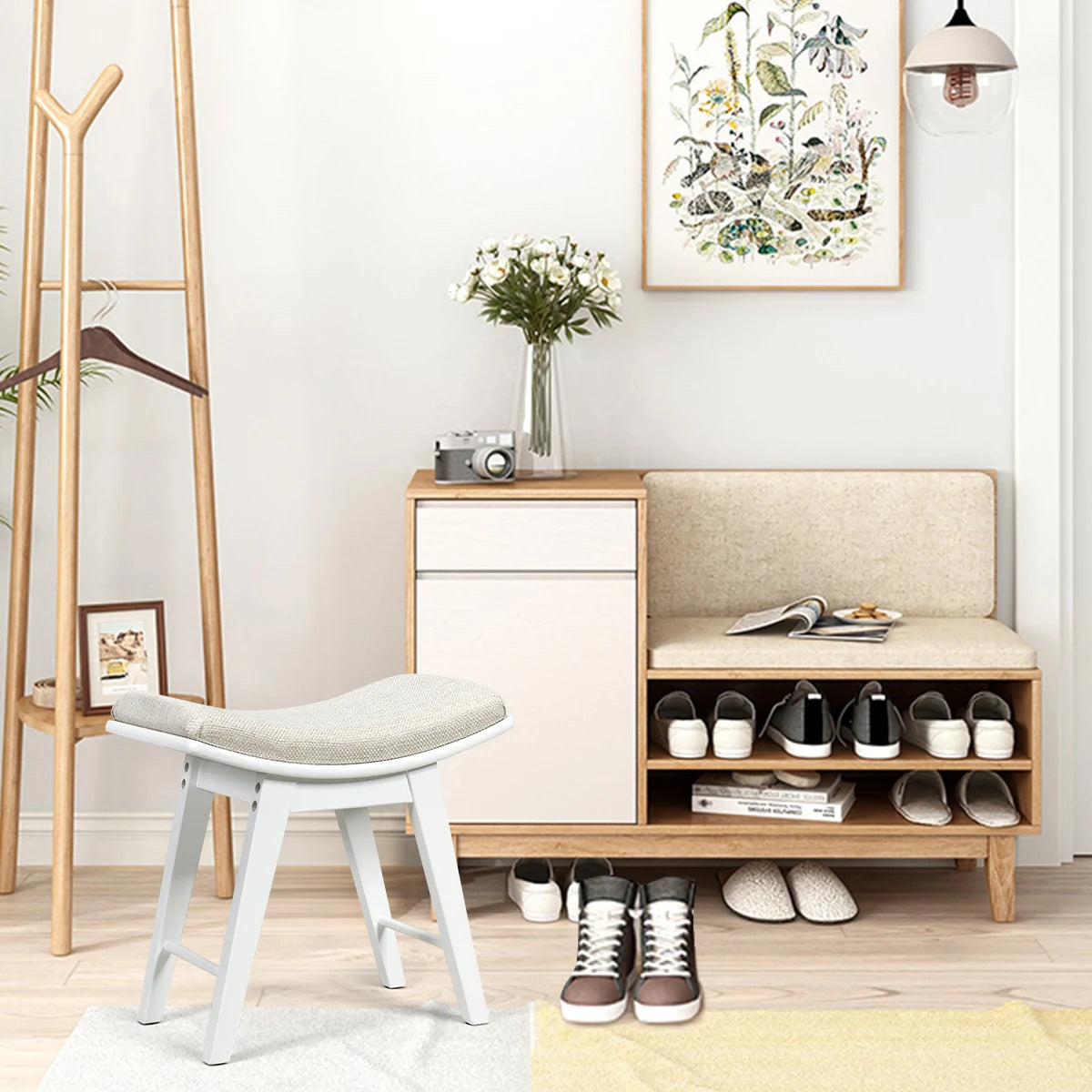Modern Dressing Makeup Stool with Concave Seat Rubberwood Legs-White