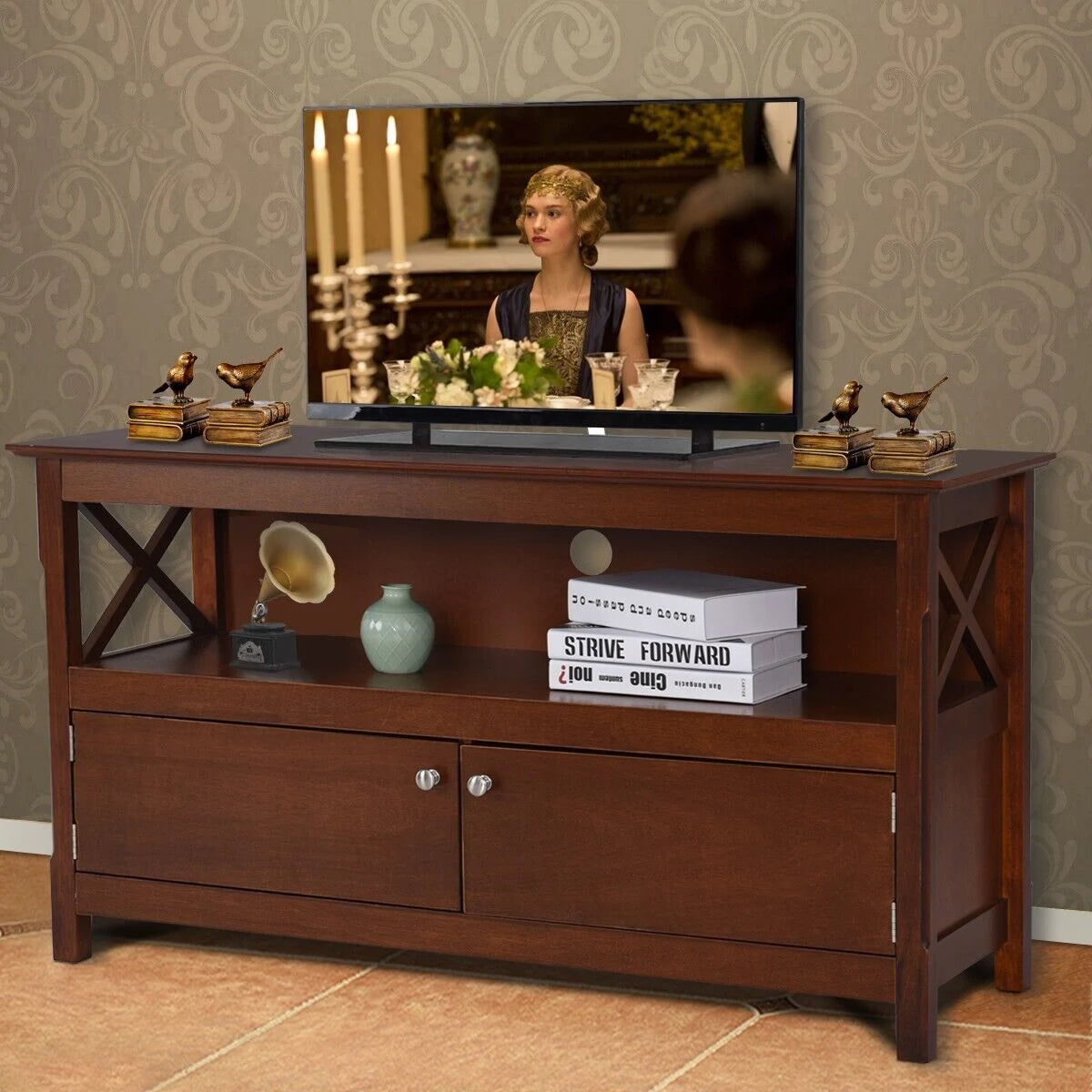 Media Console Cabinet with Cable Management Hole for Living Room-Brown