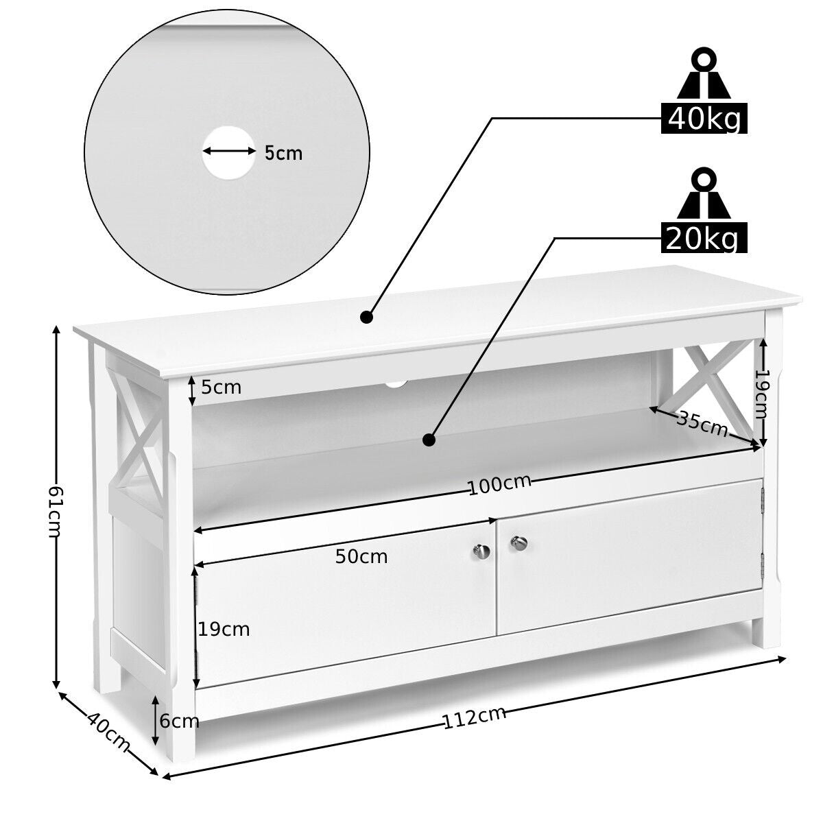 Media Console Cabinet with Cable Management Hole for Living Room-White