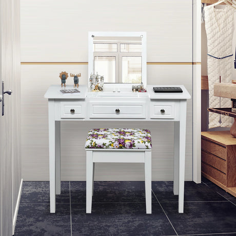 Dressing Table Stool Set with Flip Top Mirror & Storage Drawer
