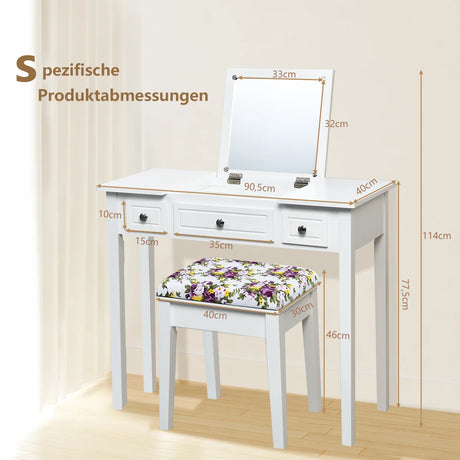 Dressing Table Stool Set with Flip Top Mirror & Storage Drawer