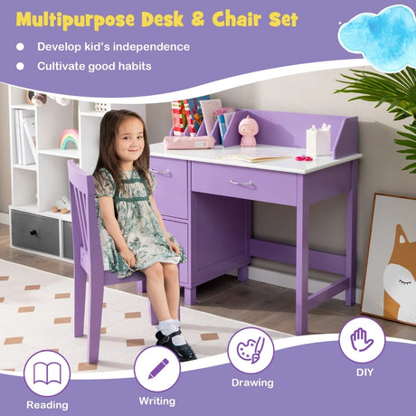 Kids Learning Desk &amp; Chair Set  for Bedroom &amp; Study Room-Purple