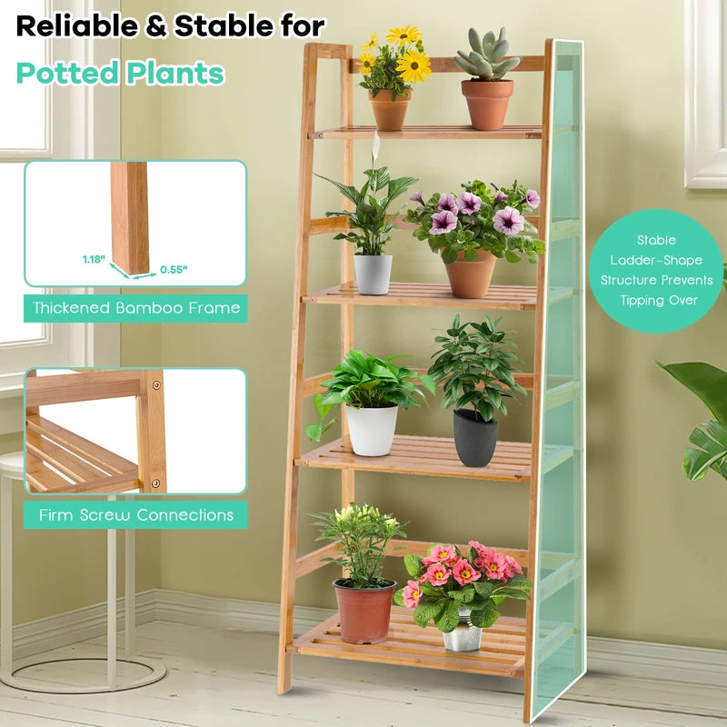4-Tier Bamboo Plant Shelf with Guardrails for Patio, Bathroom