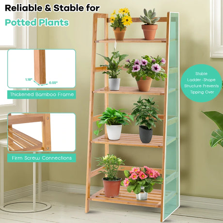 4-Tier Bamboo Plant Shelf with Guardrails for Patio, Bathroom
