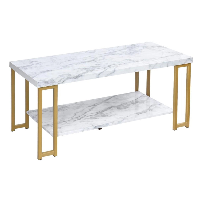 2-Tier Rectangular Modern Coffee Table with Gold Print Metal Frame
