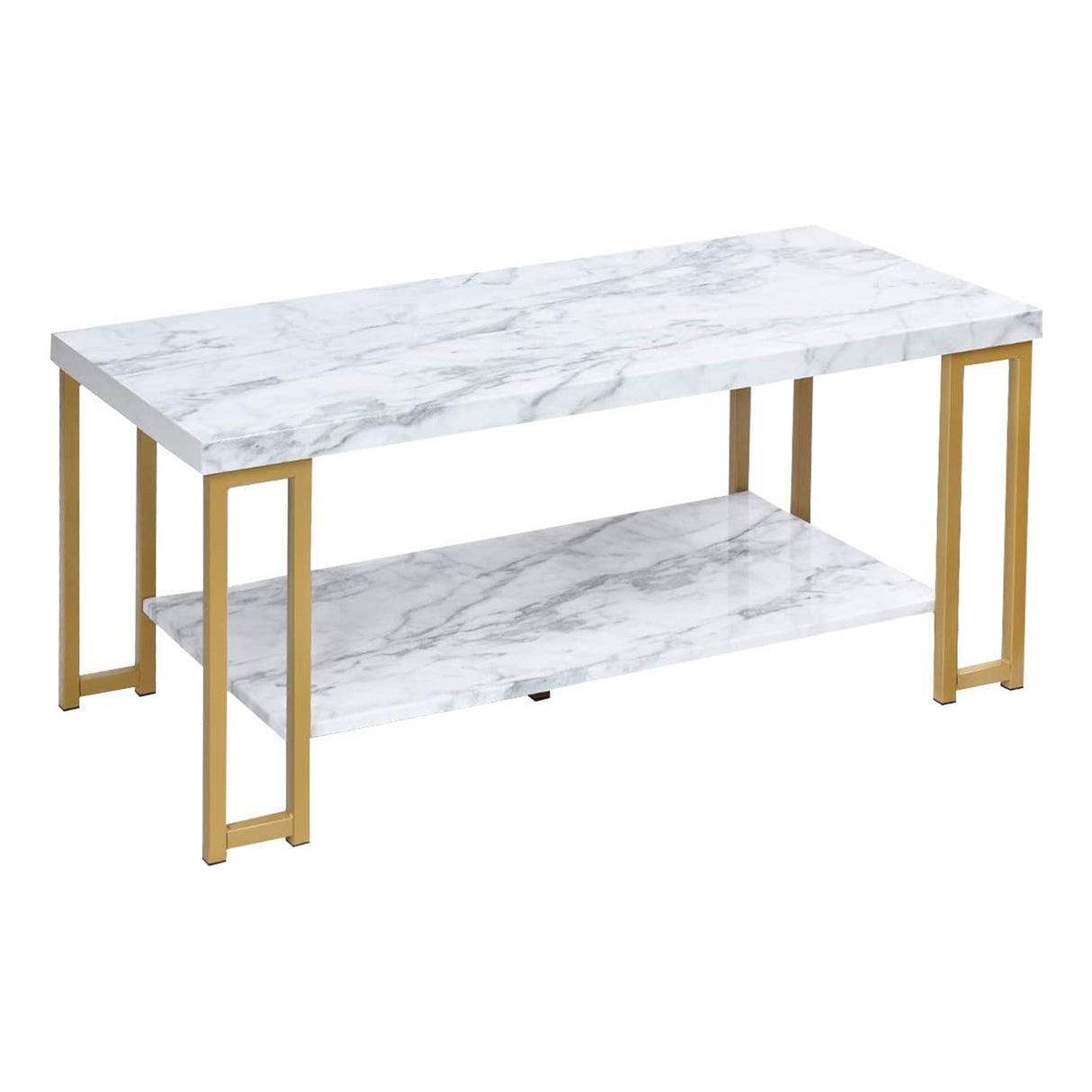 2-Tier Rectangular Modern Coffee Table with Gold Print Metal Frame