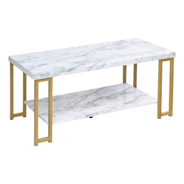 2-Tier Rectangular Modern Coffee Table with Gold Print Metal Frame