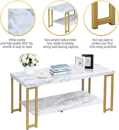 2-Tier Rectangular Modern Coffee Table with Gold Print Metal Frame