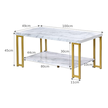 2-Tier Rectangular Modern Coffee Table with Gold Print Metal Frame