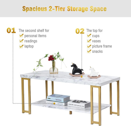 2-Tier Rectangular Modern Coffee Table with Gold Print Metal Frame