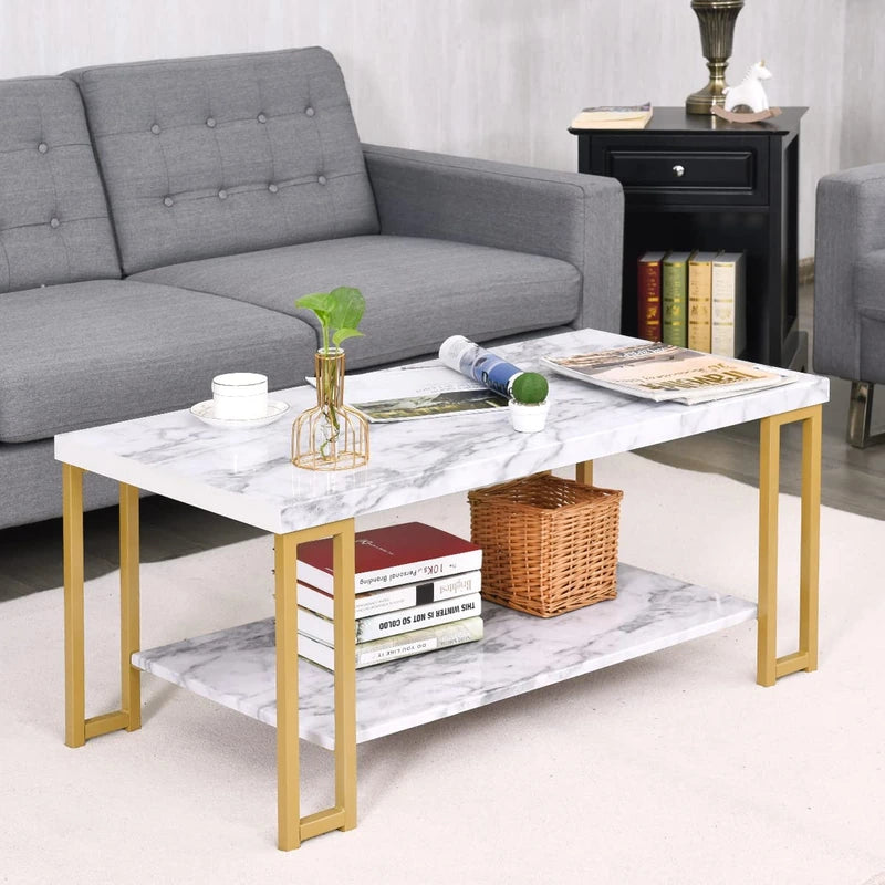 2-Tier Rectangular Modern Coffee Table with Gold Print Metal Frame