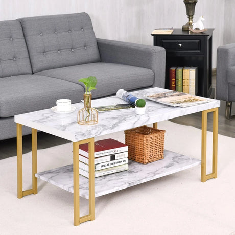 2-Tier Rectangular Modern Coffee Table with Gold Print Metal Frame