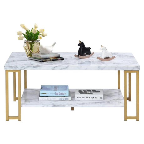 2-Tier Rectangular Modern Coffee Table with Gold Print Metal Frame