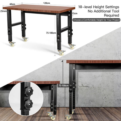 48  24 Inch Adjustable Height Mobile Workbench with Caster-Brown