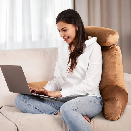 Reading Pillow TV Bed Rest Memory Foam with Arms Rests Neck Roll Back Support-Brown