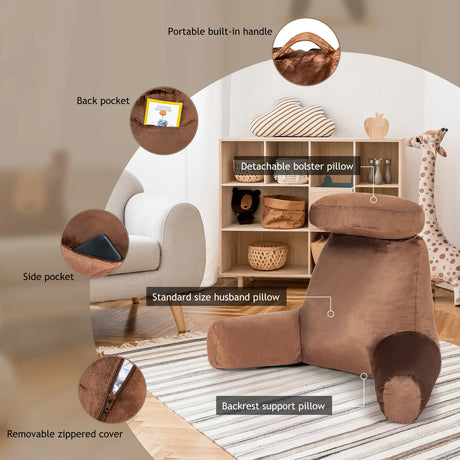 Reading Pillow TV Bed Rest Memory Foam with Arms Rests Neck Roll Back Support-Brown