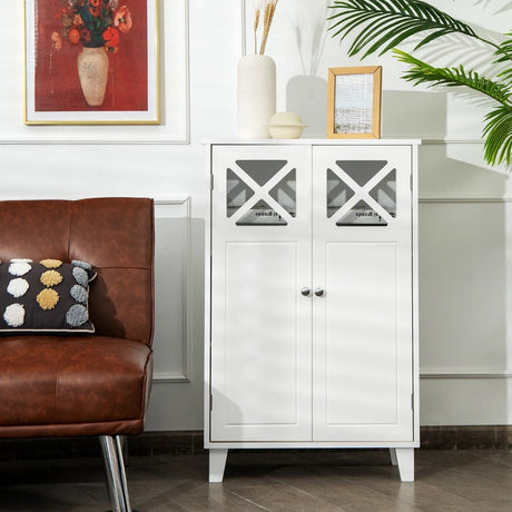 Wooden Bathroom Floor Storage Cabinet with Double Doors and Adjustable Shelf