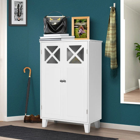 Wooden Bathroom Floor Storage Cabinet with Double Doors and Adjustable Shelf