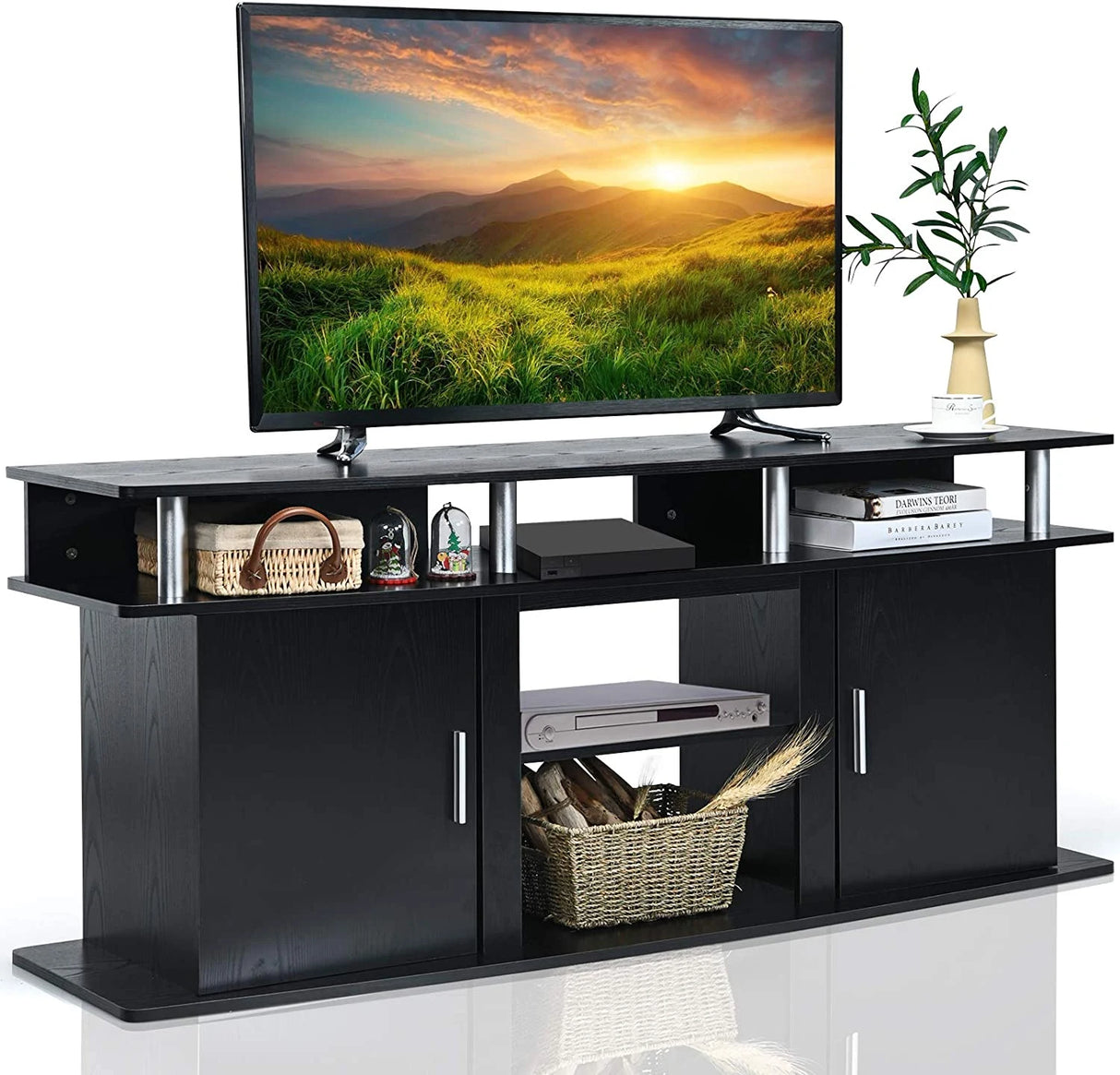63" TV Entertainment Console Center with 2 Cabinets-Black
