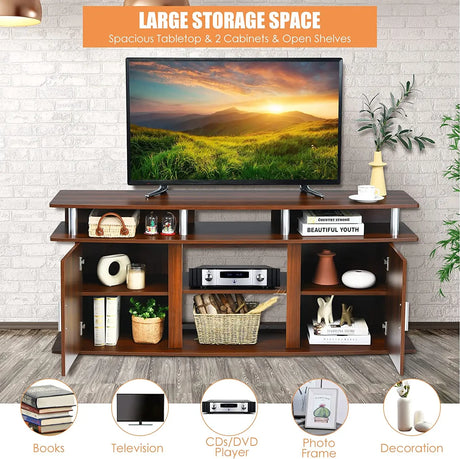 63 Inch TV Entertainment Console Center with 2 Cabinets-Walnut