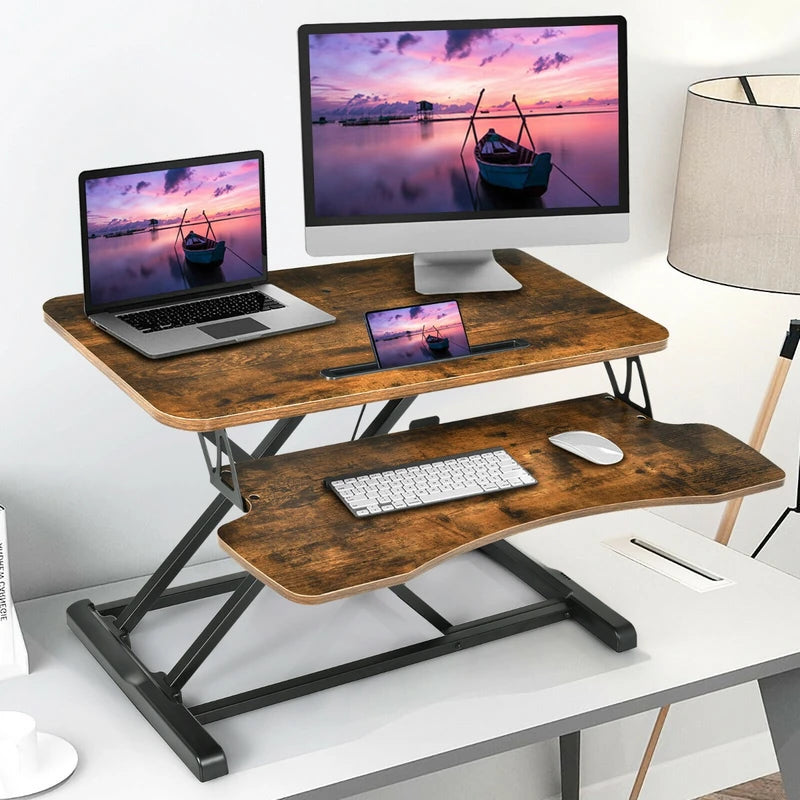 Height Adjustable Stand Up Desk Riser with Large Keyboard Tray and Tablet Holder