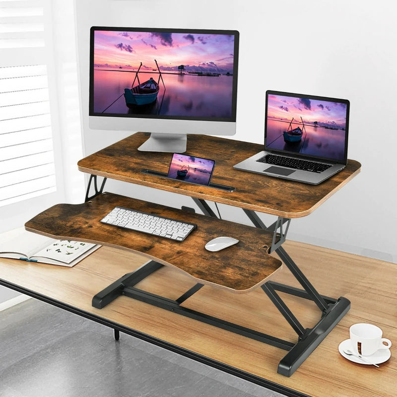 Height Adjustable Stand Up Desk Riser with Large Keyboard Tray and Tablet Holder