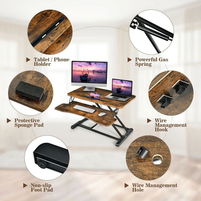 Height Adjustable Stand Up Desk Riser with Large Keyboard Tray and Tablet Holder