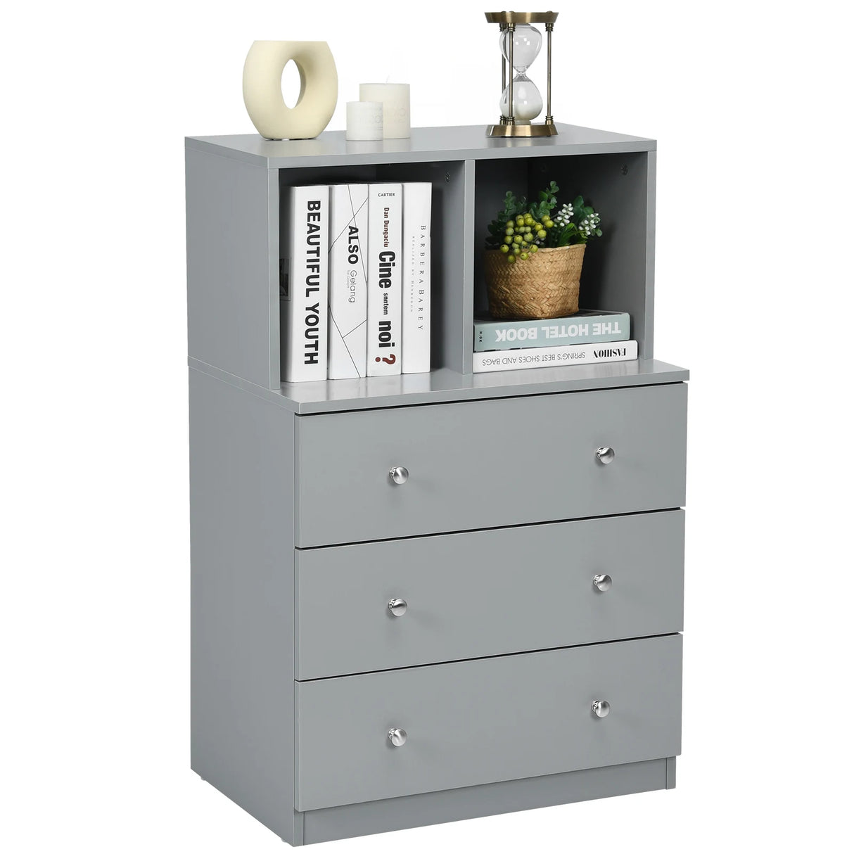 3 Drawer Dresser with Cubbies Storage Chest for Bedroom Living Room-Gray