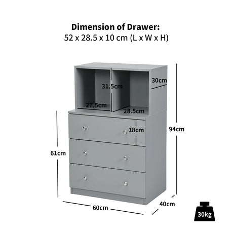 3 Drawer Dresser with Cubbies Storage Chest for Bedroom Living Room-Gray