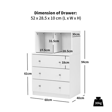 3 Drawer Dresser with Cubbies Storage Chest for Bedroom Living Room-White