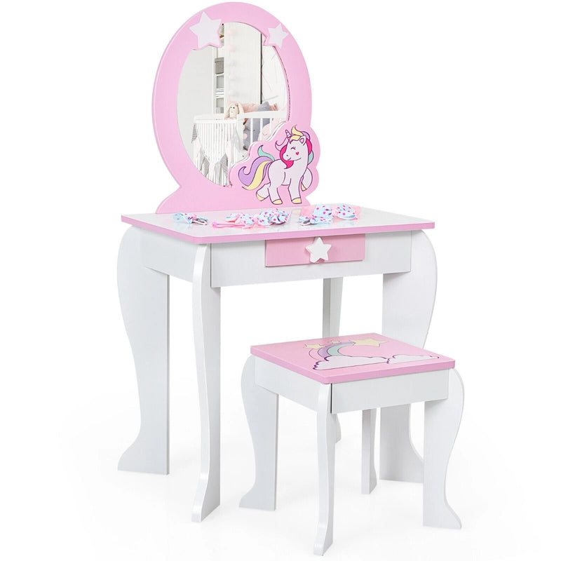 Children&#39;s dressing table set princess dressing table made of wood with stool mirror drawer white + pink