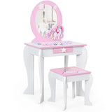 Children&#39;s dressing table set princess dressing table made of wood with stool mirror drawer white + pink