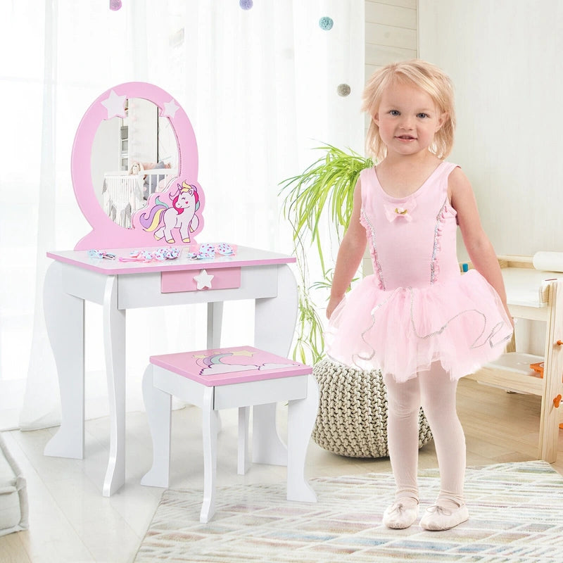 Children&#39;s dressing table set princess dressing table made of wood with stool mirror drawer white + pink