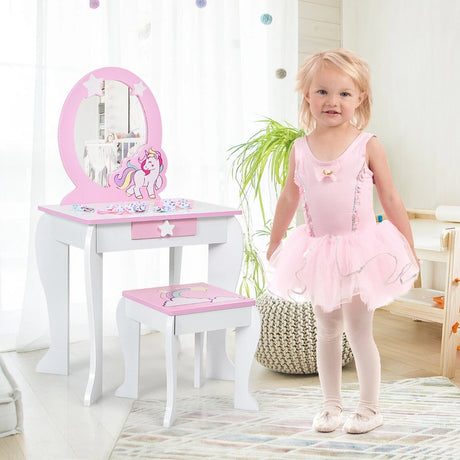 Children&#39;s dressing table set princess dressing table made of wood with stool mirror drawer white + pink